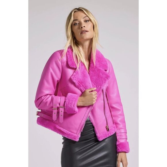 Generation Love Dion Faux Fur Shearling Moto Jacket in Hot Pink Size XS NWT $395 - Picture 2 of 7